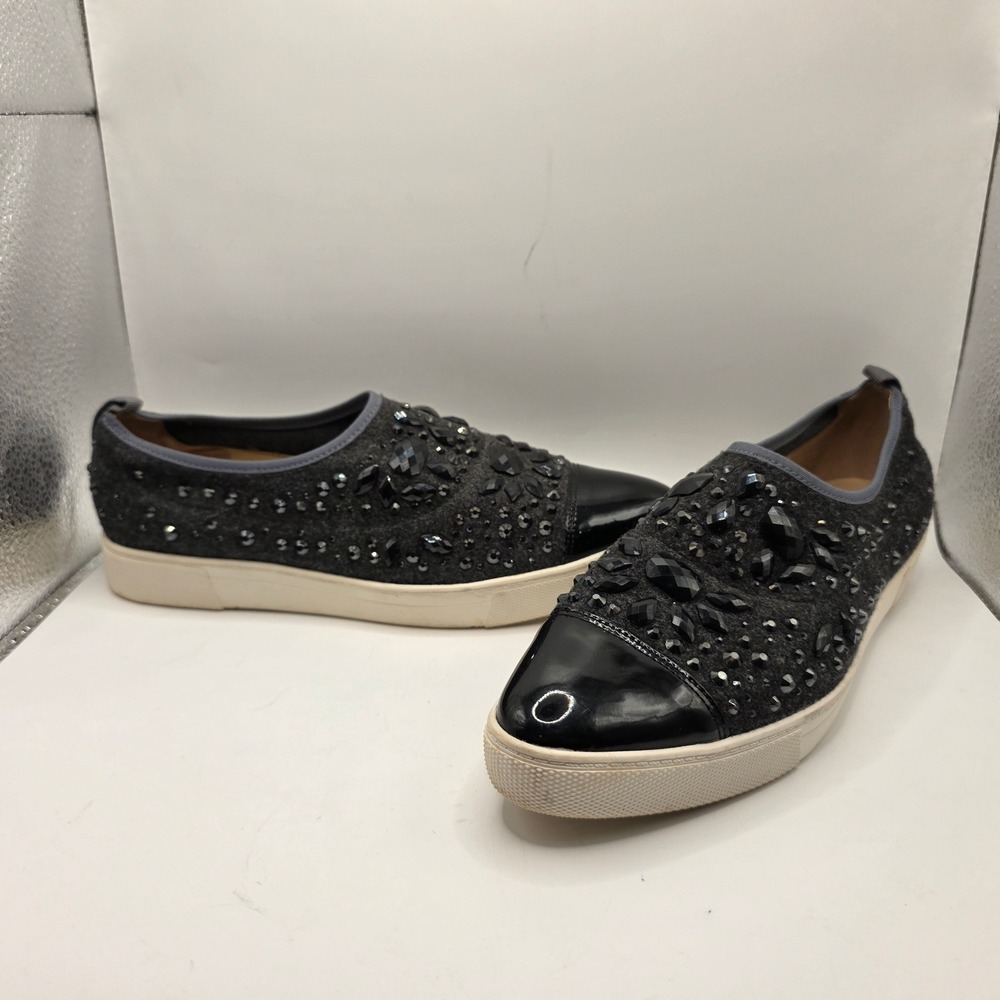 Karl Lagerfeld Paris Crystal Embellished Slip‎ On Sneakers Black Patent Toe 8N